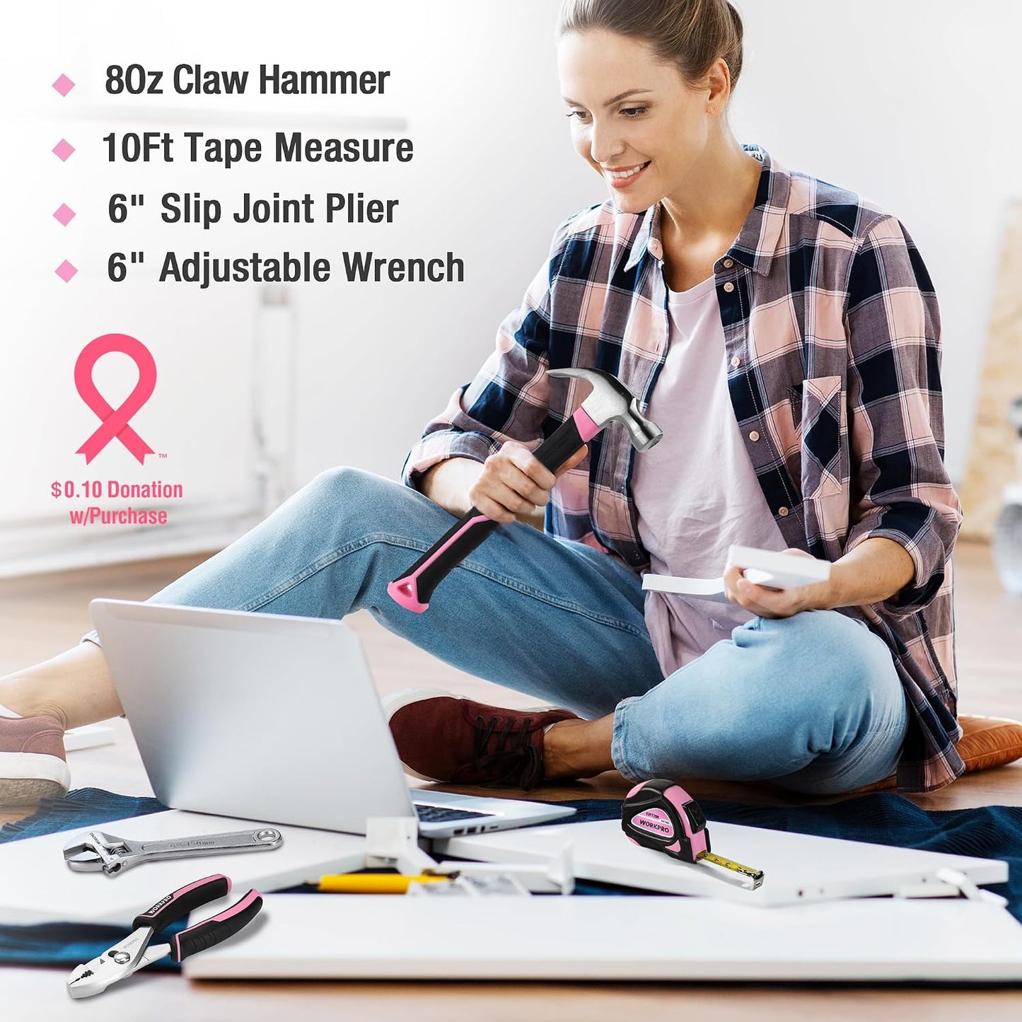 WORKPRO Pink Tool Set - 100 Pieces Pink Tool Kit with Easy Carrying Pouch, Household Tool Kit for Home, Apartment, Office, College, Perfect for DIY Projects, Home Maintenance - Pink Ribbon