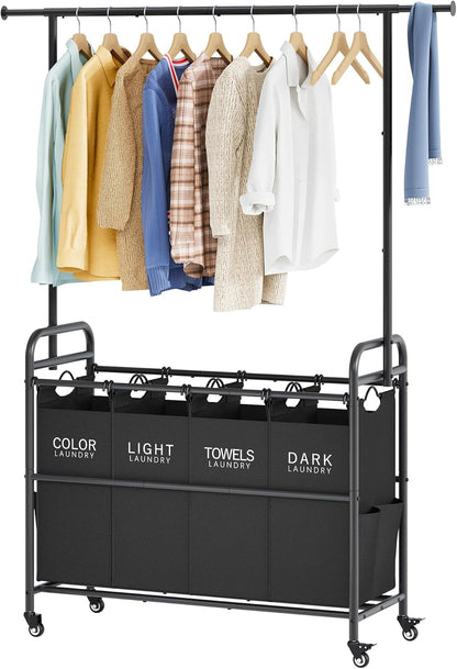 Tajsoon Laundry Hamper with Hanging Rack, 3 Section Laundry Sorter with Heavy Duty Lockable Wheels, Laundry Basket Organizer for Dirty Clothes Storage, 3 Beige
