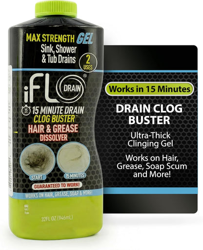 iFLO 15-Minute Drain Cleaner Gel – Fast-Acting Clog Remover for Kitchen, Bathroom, Sink & Shower, Ultra-Thick Formula for Quick Drain Unclogging – Strong Maintenance Cleaner - 16oz