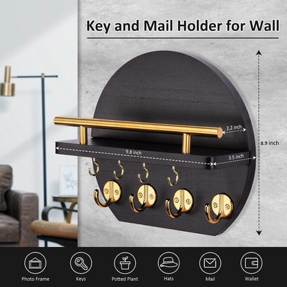 Nekon Key Holder for Wall - 9.8 Inch Apartment Wall Decor with Shelf and 8 Key Hooks, Circular Wood Key Hanger for Home Decor (Black with Golden Hooks)