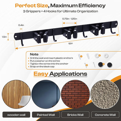 Heavy-Duty Stainless-Steel Broom Holder Wall Mount with 3 Racks and 4 Hooks | Waterproof Mop and Broom Hanger | Adjustable, Garage & Garden Tool Organizer | Black