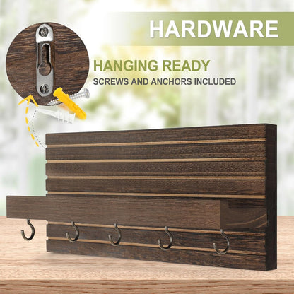 Lwenki Decorative Key Holder for Wall with Shelf, Entryway Shelf with Hooks Holds Leashes, Jackets and Glasses – Sturdy Wood Keyholder Entrance Hanger with Mounting Hardware (Black, Medium)