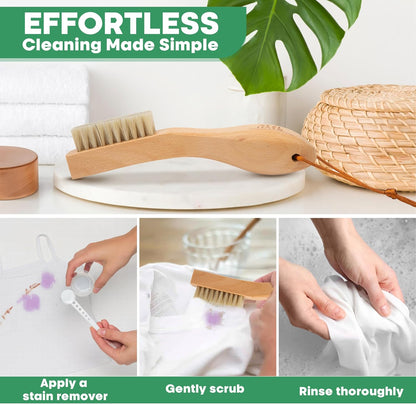 Laundry Stain Remover Clothes Brush Set of 2 Natural Soft Boar Bristle White & Black for Scrubbing Out Tough Stains on Delicate Fabrics, Knits, Cotton, Linens, Small Brush