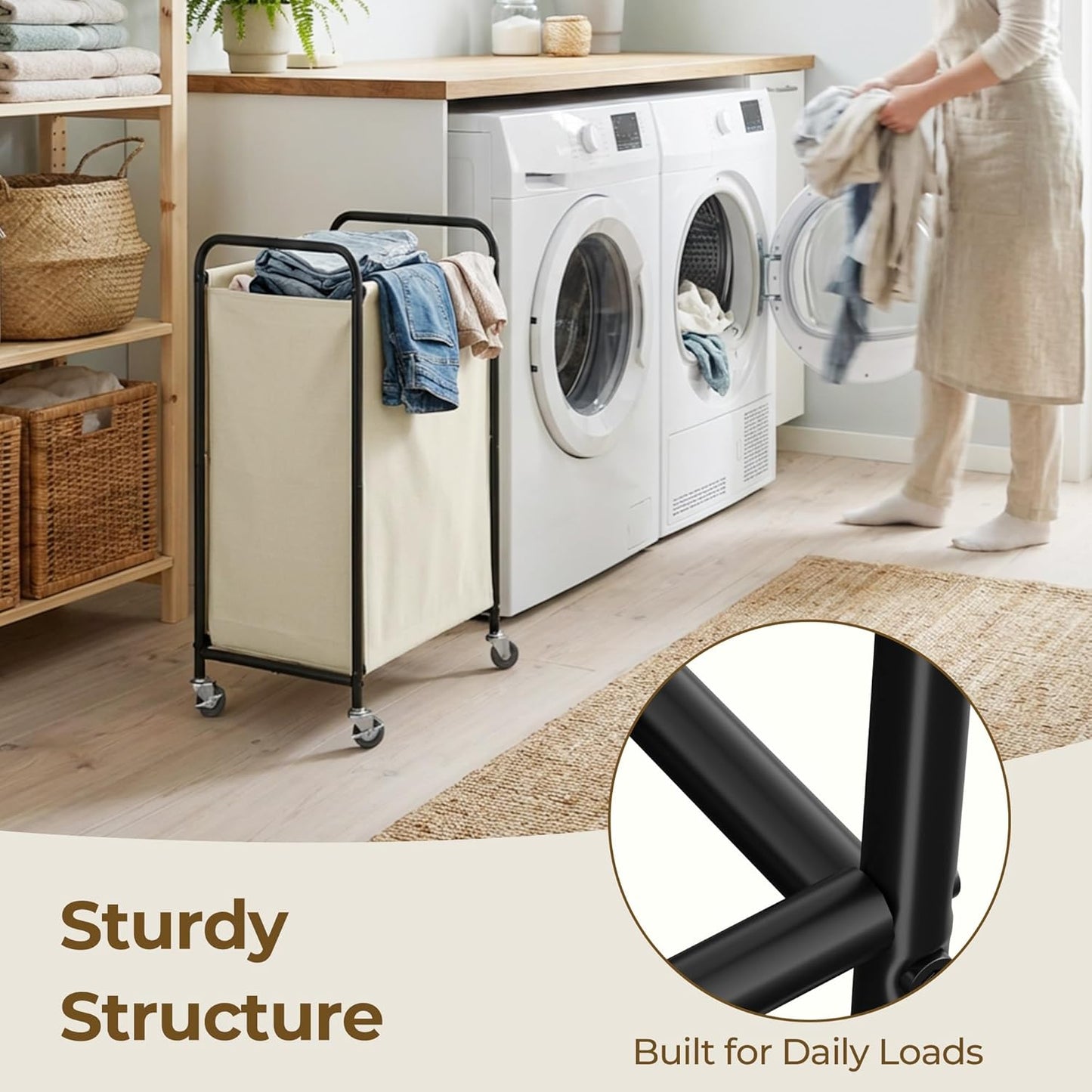 GRANNY SAYS 2 Section 130L Laundry Sorter, Large Laundry Hamper Basket with Wheels and Handles, Durable and Sturdy Rolling Cart for Laundry Room, Hotel, Bedroom, Beige