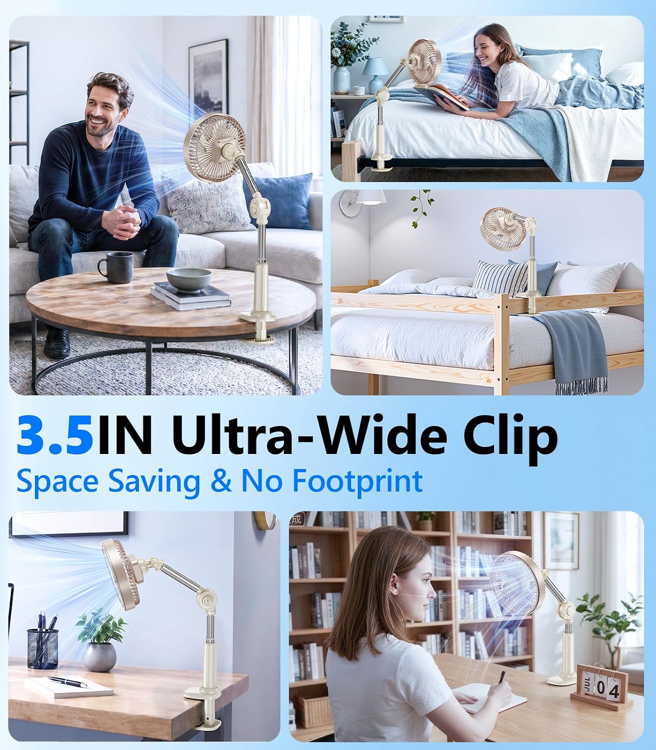 Adjustable Arm Clip on Fan for Desk,3 Speed Ultra Flexible Adjustable Design Clip Fan with 3.5”Wide Clamp,3000mAh Battery Operated Quiet Personal Cooling for Office Bedroom Gaming Dorm （Brown）