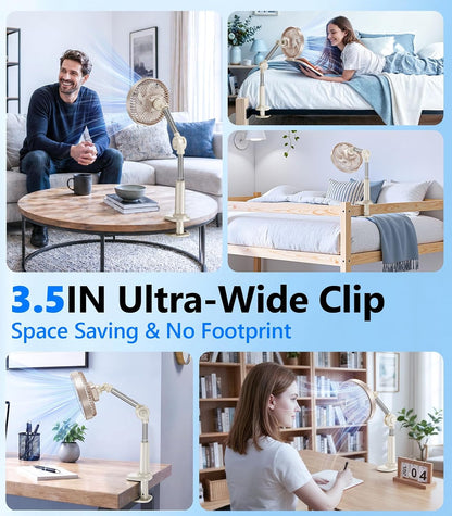 Adjustable Arm Clip on Fan for Desk,3 Speed Ultra Flexible Adjustable Design Clip Fan with 3.5”Wide Clamp,3000mAh Battery Operated Quiet Personal Cooling for Office Bedroom Gaming Dorm （Brown）