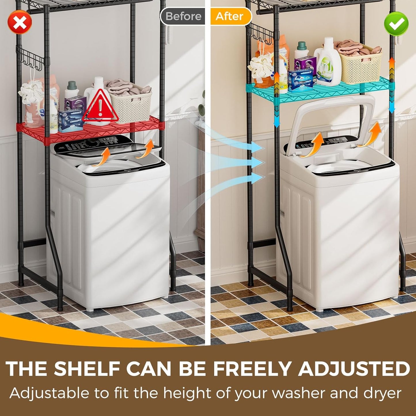 Golpart Over Washer and Dryer Shelves,Heavy Duty Laundry Room Storage Organization Clothes Drying Rack,5 Tier Adjustable Height Wire Shelving and Wire Basket with Hanger Rod&Hook,Space Saving Shelf