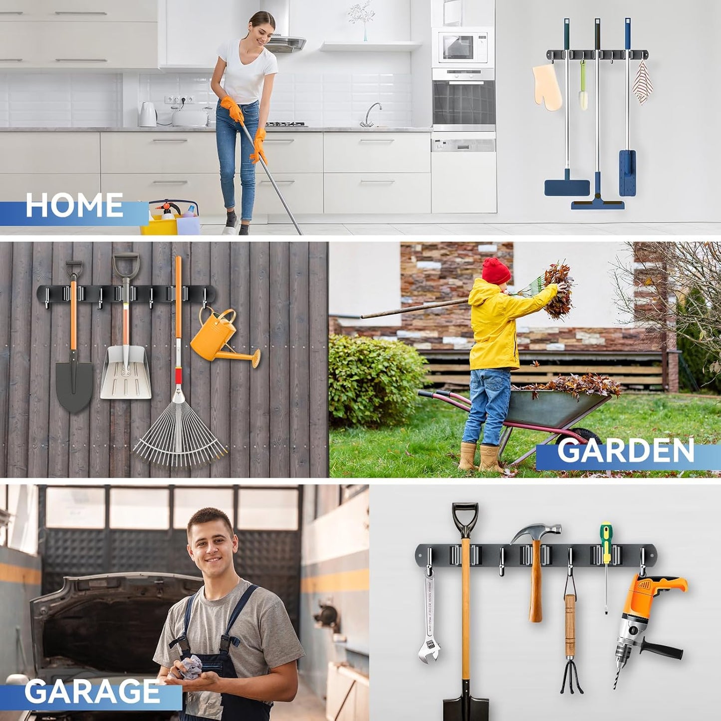 ZONGOOL 2 Pack Broom Holder Wall Mount, 4 Racks and 5 Hooks Mop Hanger Wall Mount Broom Organizer Stainless Steel Heavy Duty Garage Tool Racks for Home Kitchen Garden Laundry (Black)