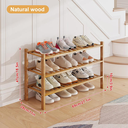 Bamboo Shoe Rack Organizer for Closet and Entryway - Space-Saving Narrow Shoe Stand - Versatile Shoe Holder for Door or Closet Shelf, Garage Bedroom can Freely Stack DIY Small Shoe Racks 3 Tier