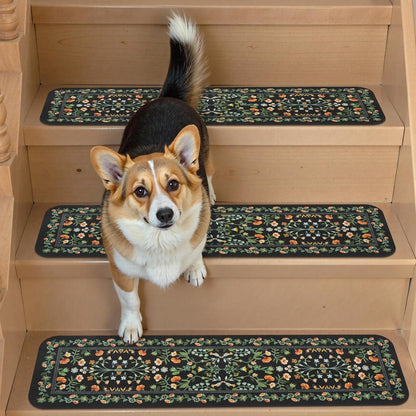 OJIA Floral Stair Treads Non-Slip Carpet Stair Treads for Wooden Steps Indoor 15PCS 30"x8" Stair Runner Stair Mats Staircase Step Treads for Kids, Elders and Dogs, Stair Covers, Black