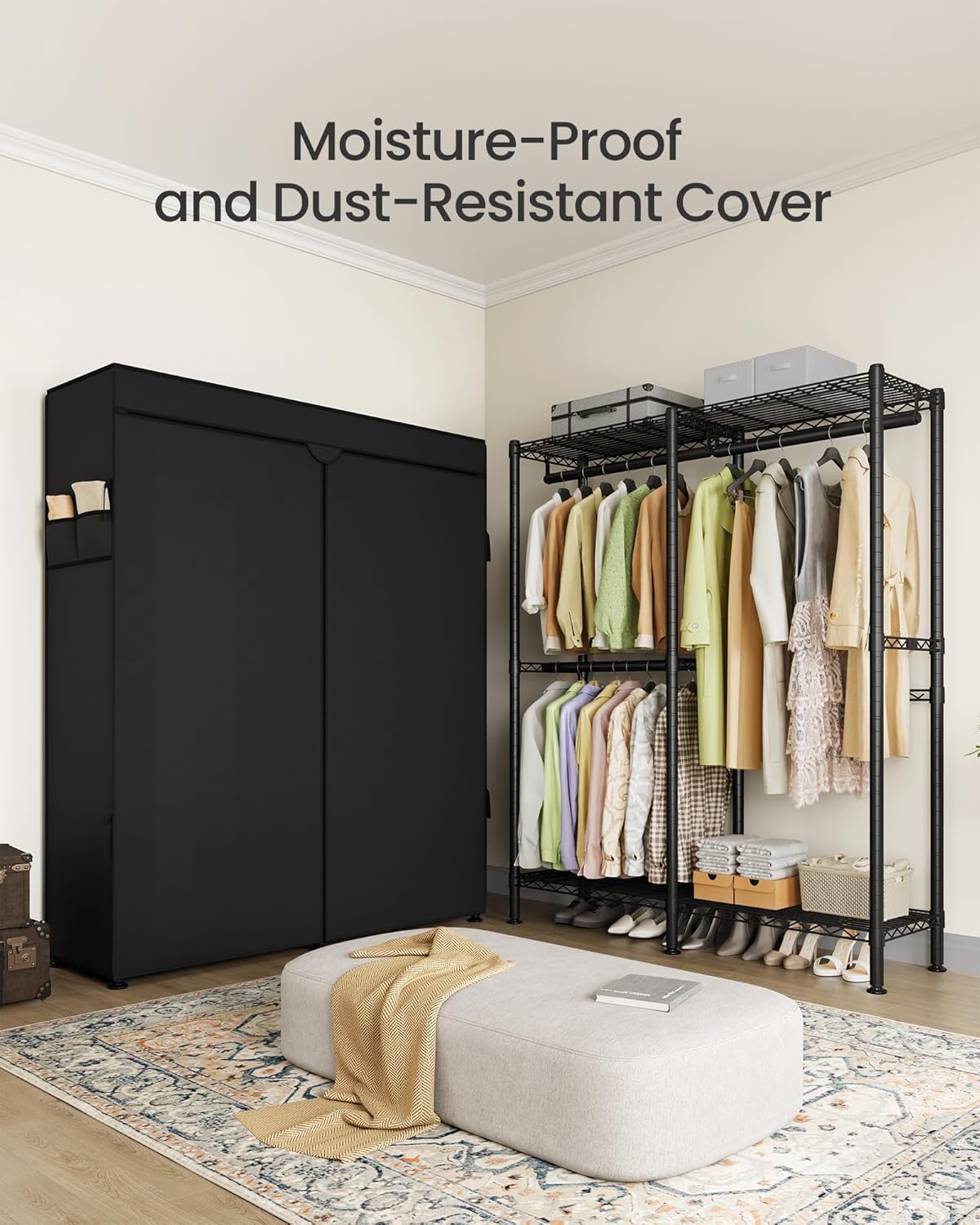 SONGMICS Heavy-Duty Clothes Rack, Garment Rack, Portable Closet, 68.7-Inch Wide Clothing Rack with Adjustable Mesh Shelves and Hanging Rails, Ink Black ULGR433B01