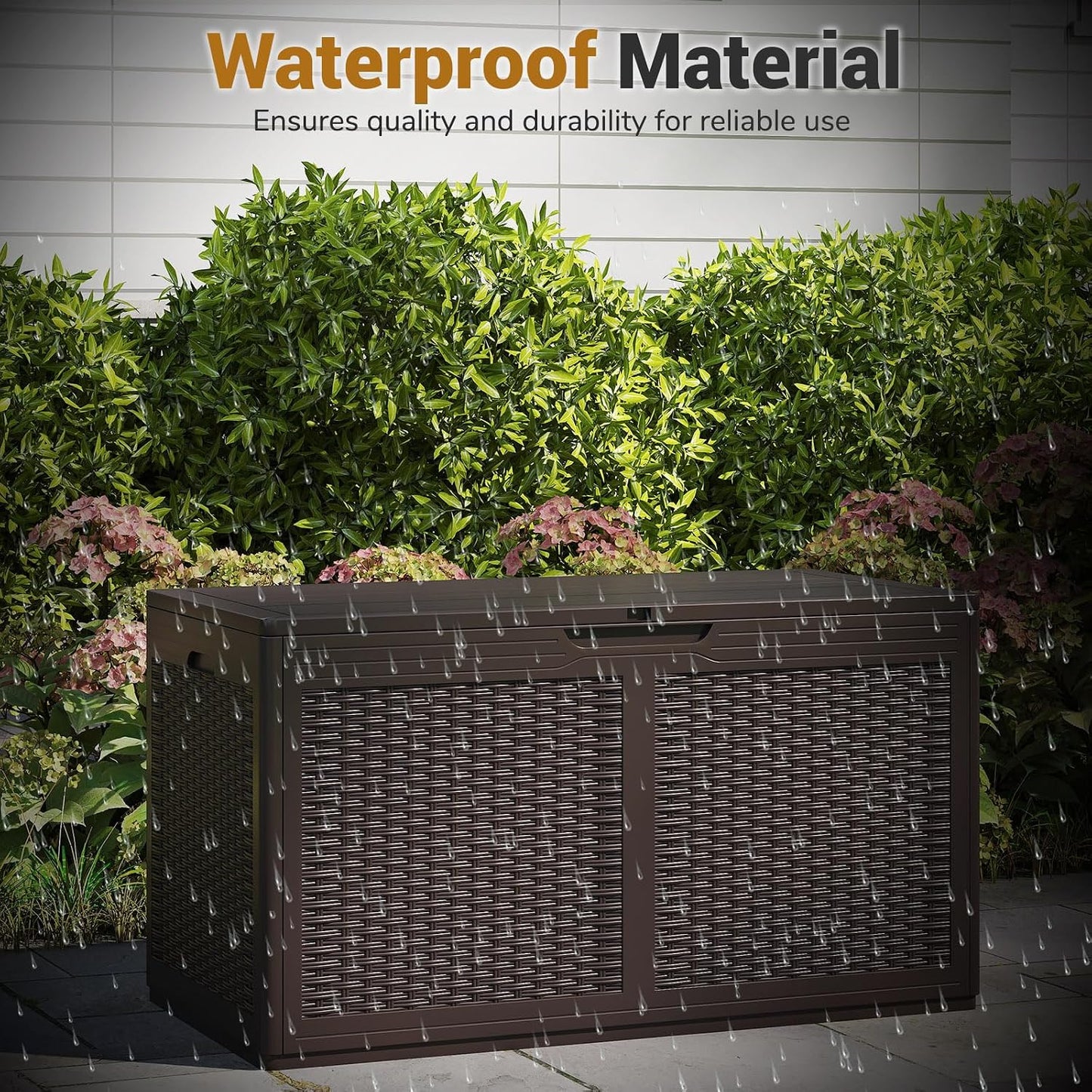 Tangkula 100 Gallon Outdoor Storage Box, Lockable Outdoor Storage Bench with 2 Smooth Wheels, Faux Rattan Surface, Waterproof Resin Deck Box for Outside Poolside Patio Garden (Brown)