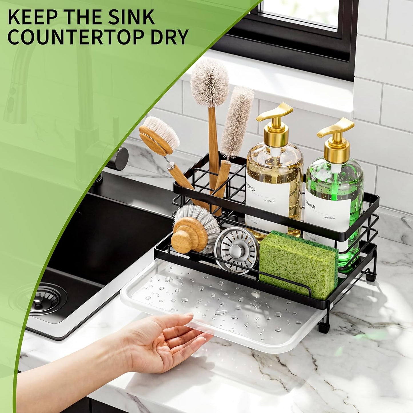 Cisily Stainless Steel Sponge Holder for Kitchen, Sink Caddy Sink Organizer Rack for Kitchen Accessories with Drip Tray, Rustproof and Non-slip, Dish Soap Dispenser Countertop Organizer