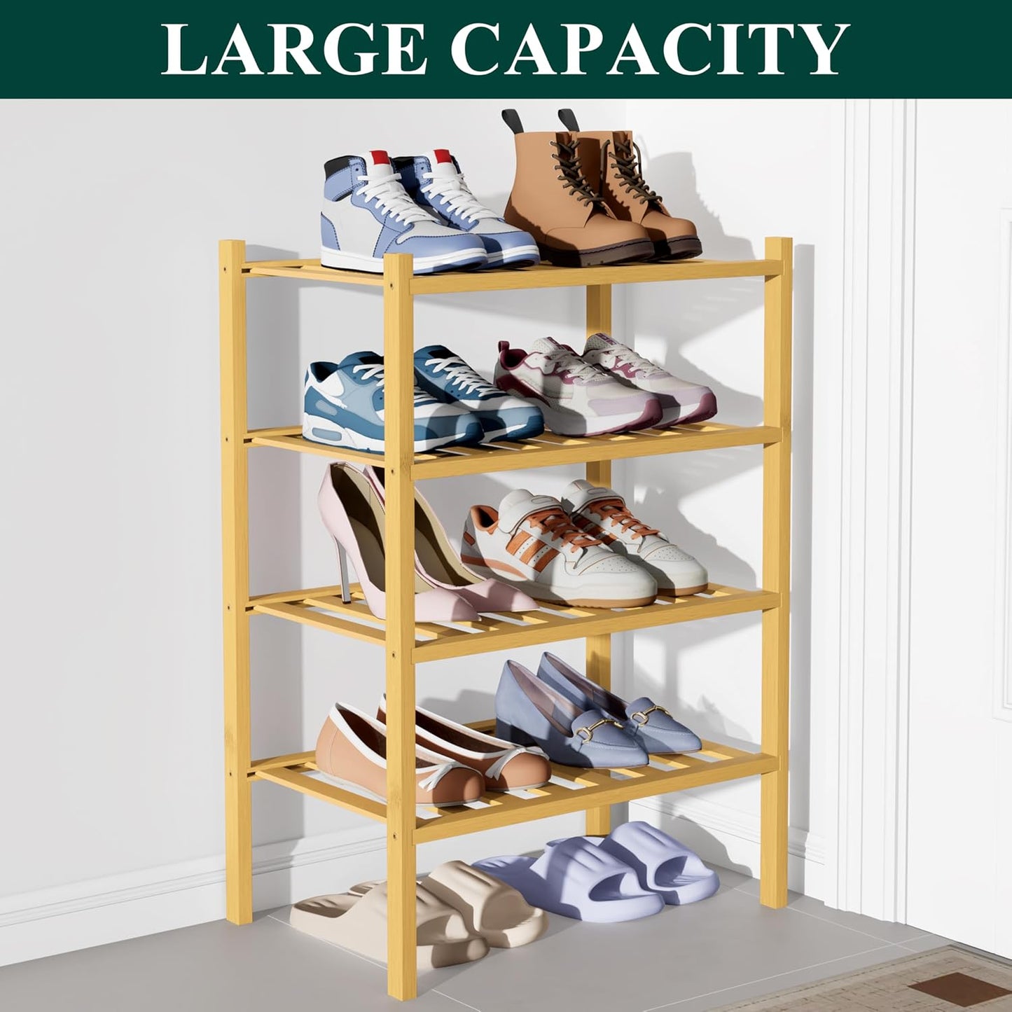 Smiry Bamboo Shoe Rack for Closet, 3 Tier Wooden Shoe Organizer, Stackable Wood Shoe Storage Shelf for Entryway, 14 Vertical Slats, One-piece Heavy-Duty Legs, 26.77"x11.02"x18.31", Natural