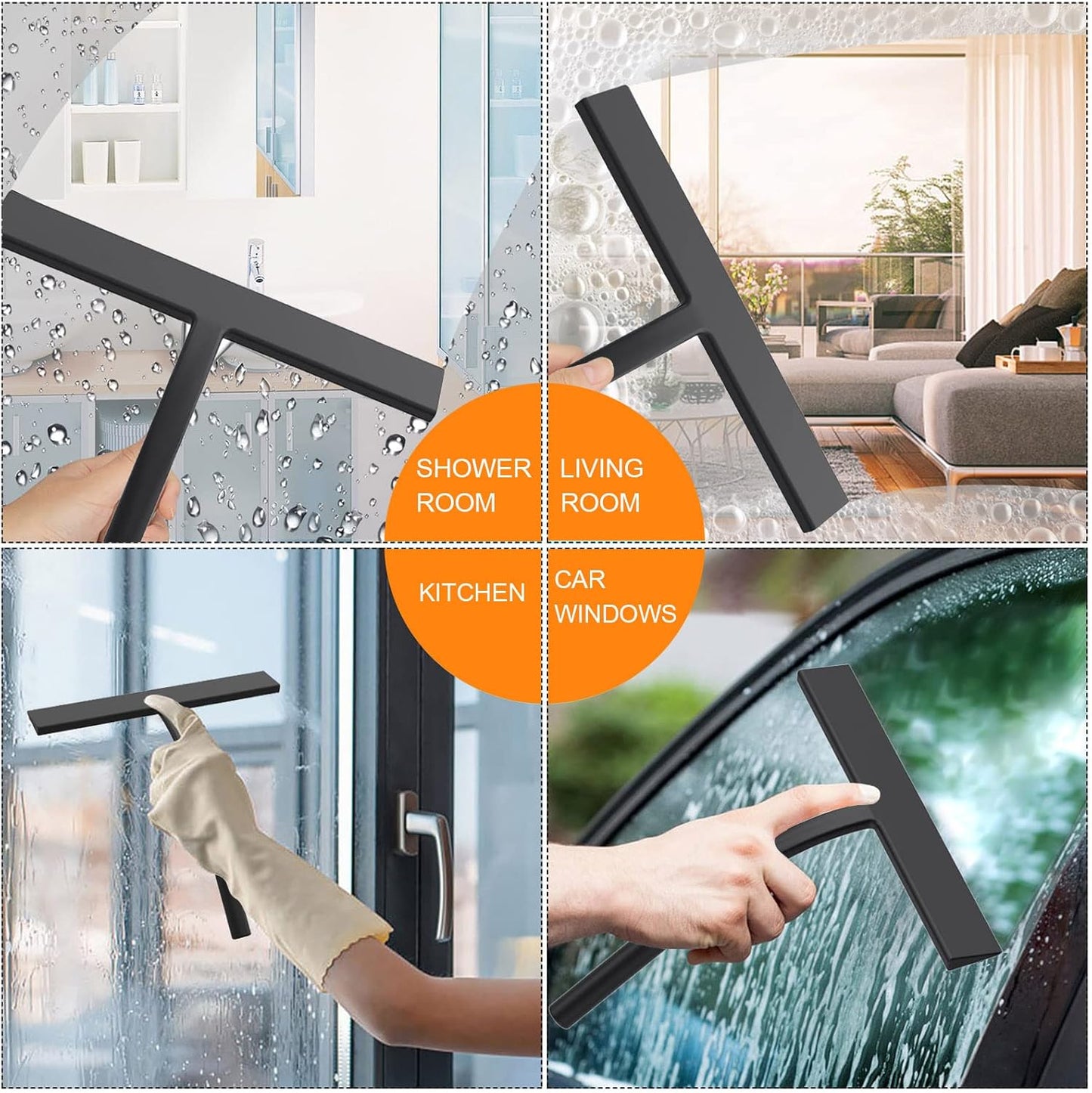 All -Purpose Silicone Shower Squeegee for Shower Glass Door with Hook, Bathroom Accessories for Window Mirror Tile Car Shower Walls,Household Shower Cleaner Tool (Black, 9 inch(1 Hook)