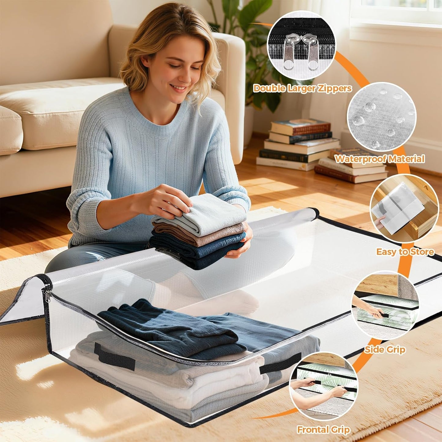 6 Pack Under Bed Storage Bags, 60L Foldable Clear Storage Containers with Handles, Dual Zippers for Comforter, Clothes, Bedding, Linen Sheets, Sweaters, Blanket Storage