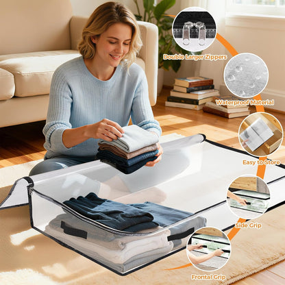 6 Pack Under Bed Storage Bags, 60L Foldable Clear Storage Containers with Handles, Dual Zippers for Comforter, Clothes, Bedding, Linen Sheets, Sweaters, Blanket Storage