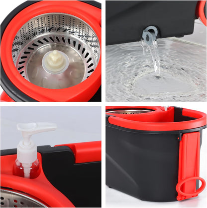 Spin Mop and Bucket with Wringer Set, 360° Spinning Mop Bucket System with 3 Microfiber Mop Replacement Heads and 61" Stainless Steel Adjustable Handle for Floor Cleaning