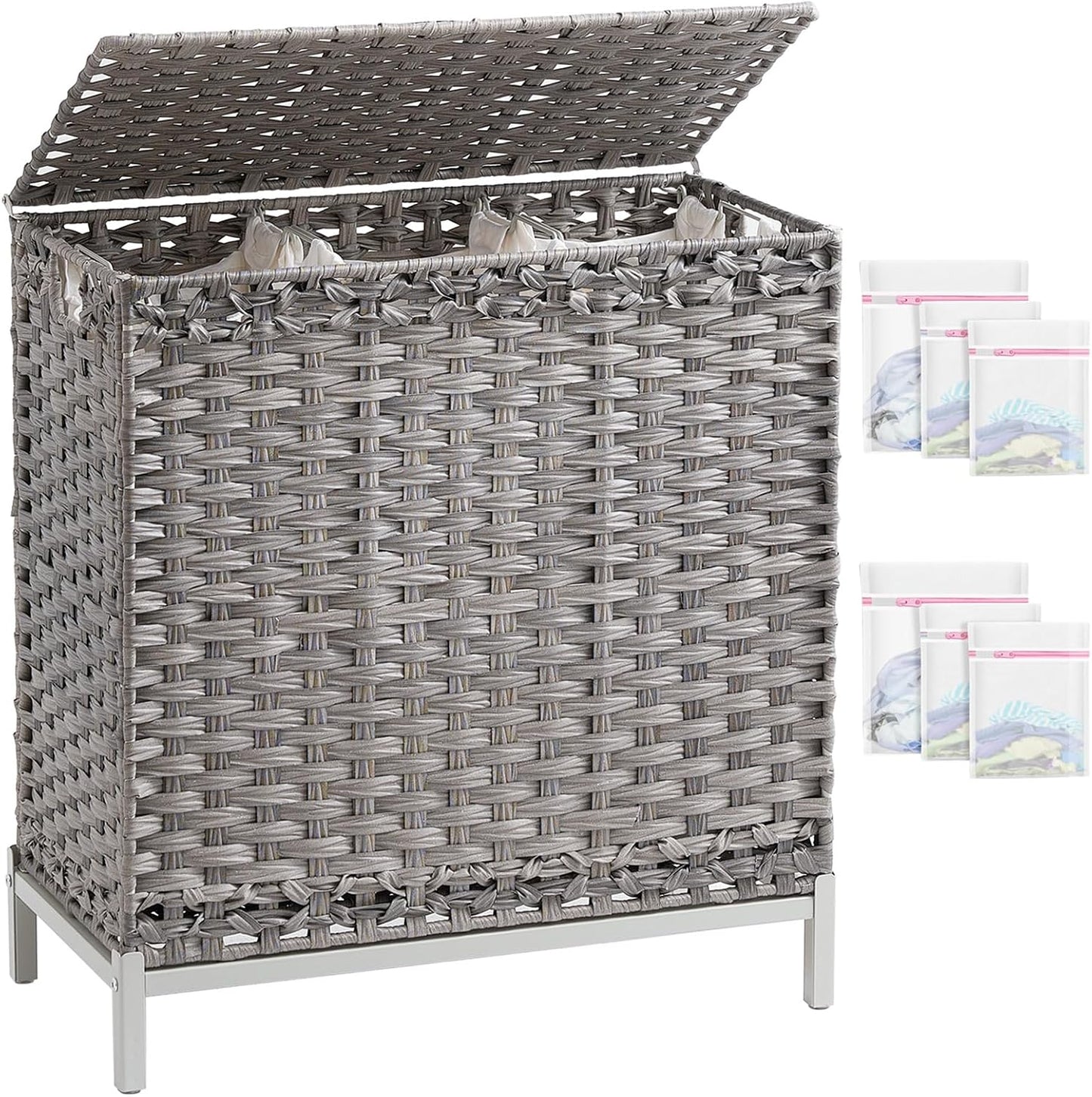 SETVSON Laundry Hamper with Lid 132 L, (35 Gallons) Clothes Hamper with Lid, Handwoven Rattan Laundry Hamper with Metal Heightened Feet, Laundry Hampers with 3 Removable Liner Bags for Laundry-Natural