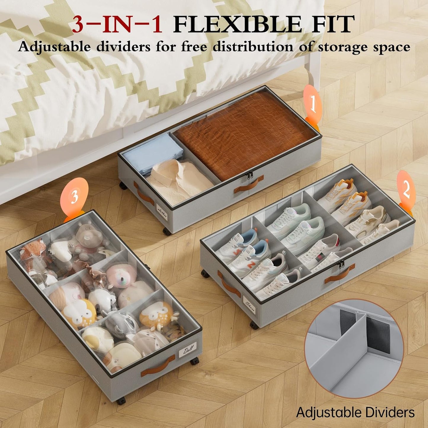 Yecaye Under Bed Storage with Wheels, 2 Pack Under Bed Storage Containers with Adjustable Dividers & Clear Lid, Rolling Underbed Organizer Bins Drawer for Clothes, Shoes, Blankets(30.3 x 16 x 6.7in)