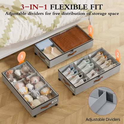 Yecaye Under Bed Storage with Wheels, 2 Pack Under Bed Storage Containers with Adjustable Dividers & Clear Lid, Rolling Underbed Organizer Bins Drawer for Clothes, Shoes, Blankets(30.3 x 16 x 6.7in)