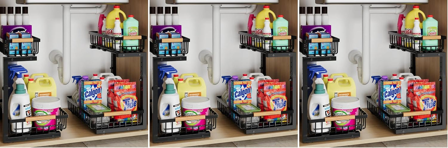 Under Sink Organizer Storage for Families: Pull Out Storage Undersink Organizers Drawer Cabinet - Sliding 2 Tier Rack Metal Organization Under Counter Kitchen Bathroom for Homemakers(White,1 Pack)