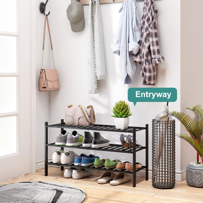 viewcare 3-Tier Black Bamboo Shoe Rack for Entryway, Stackable | Foldable | Natural, Shoe Shelf Storage Organizer for Hallway Closet, Free Standing Shoe Racks for Indoor Outdoor