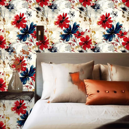 Red Watercolor Floral Peel and Stick Wallpaper Removable Self Adhesive Floral Wall Covering for Living Room Bedroom Accent Wall 17.7 x 70.8 in