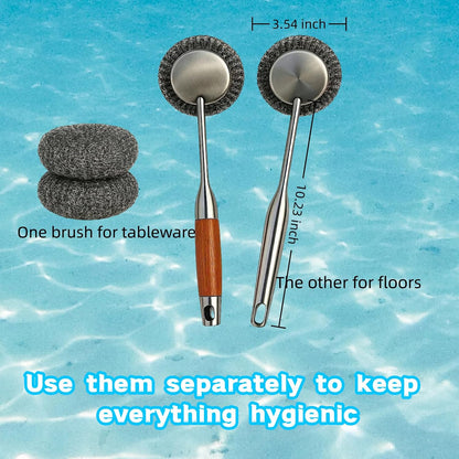 Stainless Steel Scrubber Set, Steel Wool & Steel Ball Cleaning Brush with Replaceable Heads, Heavy Duty Steel Cleaner for Oven, Stove, Dishes & Grill,4Pcs Includes 2 Pcs Pads