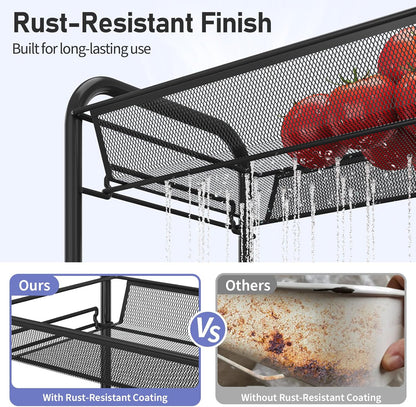 TOOLF 3-Tier Metal Rolling Cart, Mesh Wire Easy Assemble Utility Cart, Storage Trolley on Wheels with 3 Hooks, MetalStorage Shelving Units for Kitchen Bathroom Laundry Room