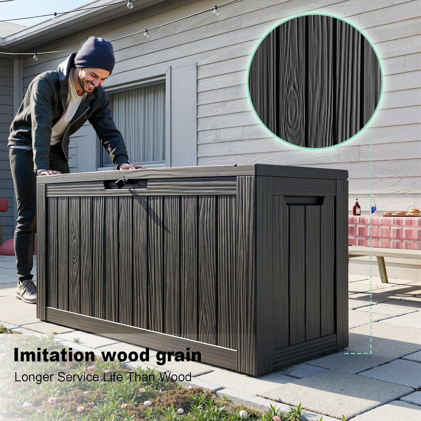 Outdoor Waterproof Resin Storage Deck Box Lockable Outside Bench UV Resistant Bin Patio Porch Furniture Pool Float Garden Tool Cushion (Black, 85 Gallon)