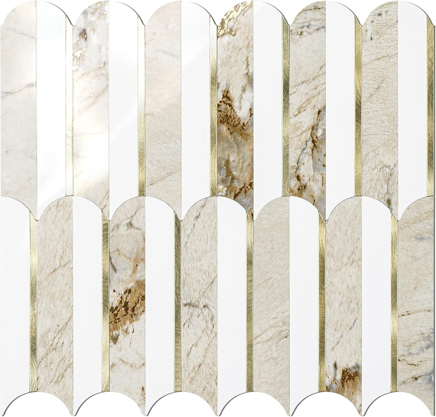 Vamos Peel and Stick Backsplash Seamless Tile for Kitchen and Bathroom,White and Beige Slate PVC Mixed Light Gold Self Adhesive Fish Scale Metal Mosaic Tiles (10 Sheets)