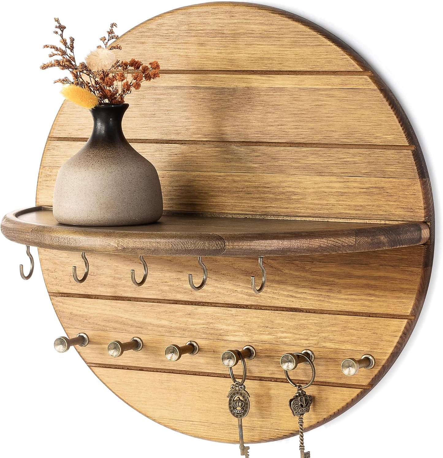 Rebee Vision Pine Wood Key Holder Wall Mount – Rustic Wooden Key Hooks for Wall with Shelf – Decorative Mail Organizer, Coat Rack & Dog Leash Holder for Home Decor, Entryway and Living Room (Brown)
