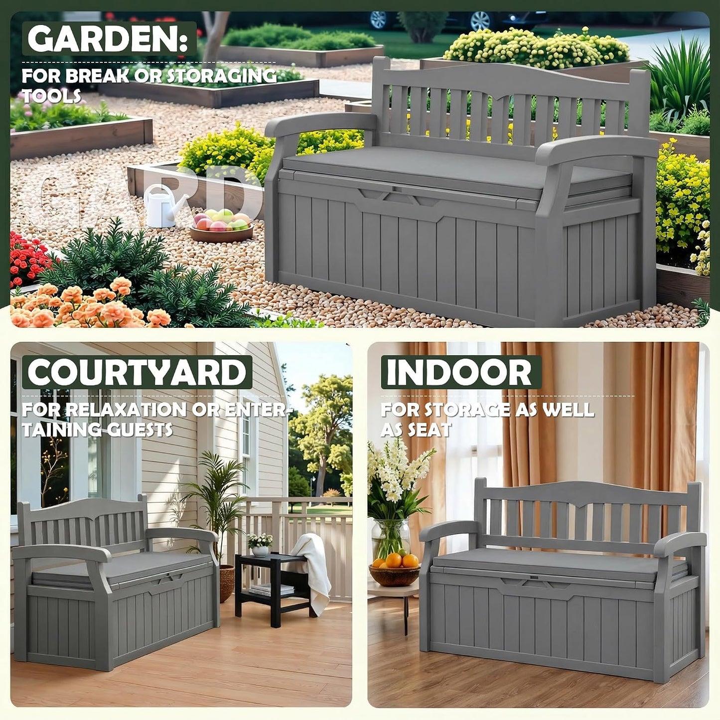 Flamaker 80 Gallon Storage Bench Outdoor Indoor, Durable All-Weather Seating with Hidden Storage, Lockable Deck Box for Garden, Patio, Poolside (Brown)