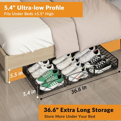 NADAMOO 5.4 in Low Profile Under Bed Storage, 36.6" Ultra Long Metal Underbed Organizer with 6 Smooth Rolling Wheels, 110 lbs Heavy Duty Foldable Under Bed Container for Shoes, Clothes, Toys, 2 Packs