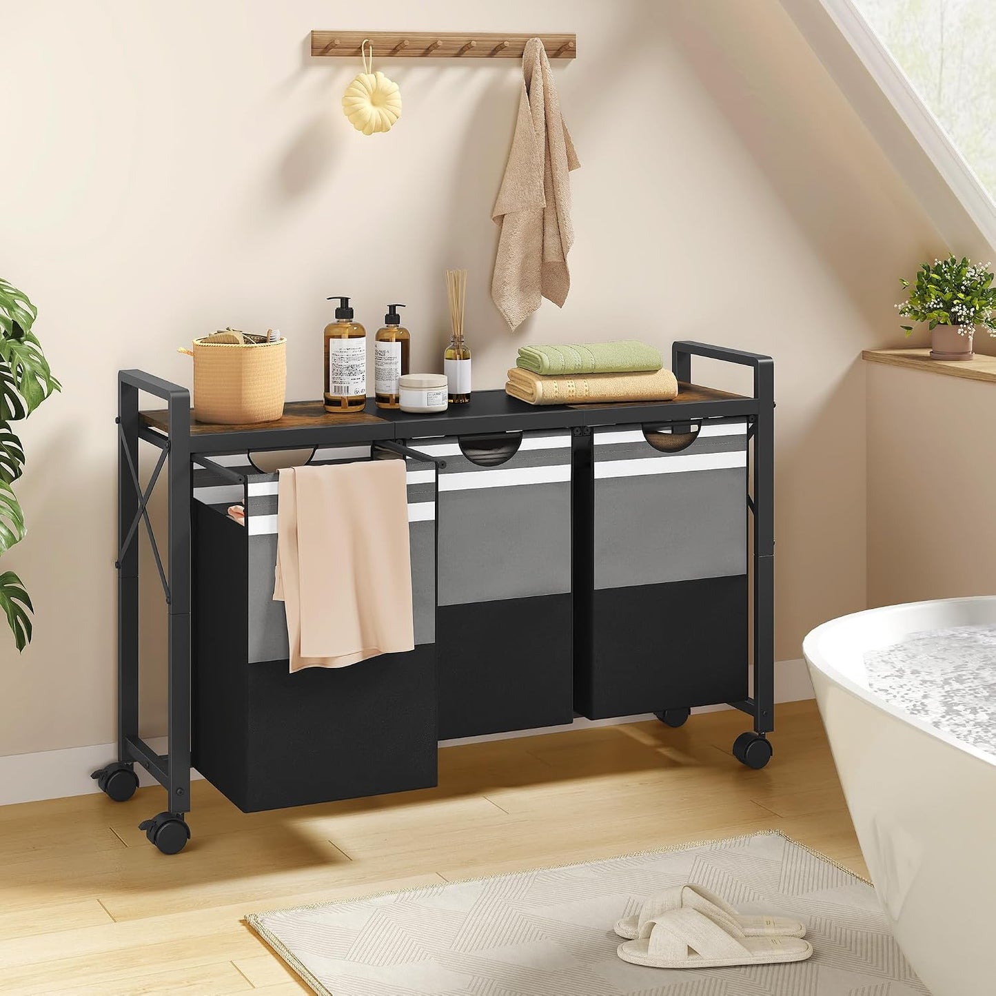FAVOOSTY Laundry Sorter with Shelf,Laundry Basket Organizer,Laundry Hamper with Shelf, 3 ×11 Gal（50L）3 Section Laundry Sorter with Pull-Out Removable Oxford Fabric Bags and Movable Wheels Grey Black