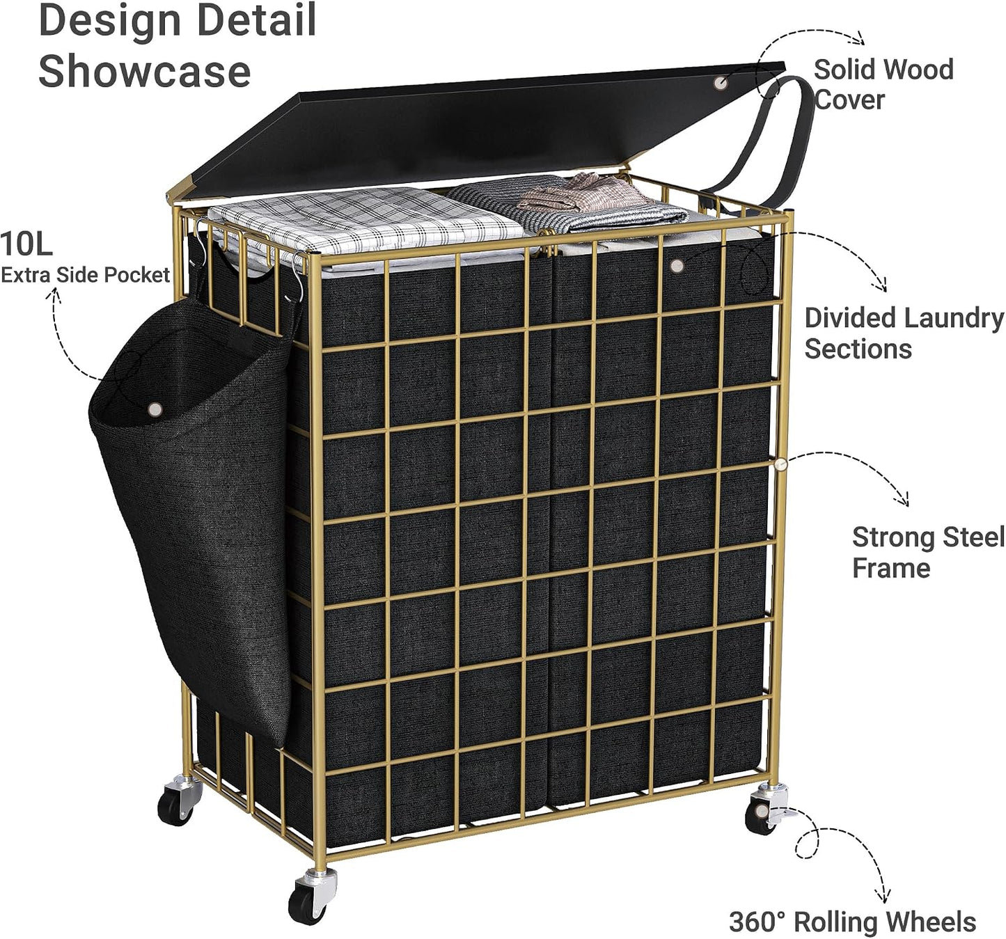 Laundry Basket with Wheels, Heavy Duty Laundry Sorter 2 Sections, 120L (32Gal.) Large Capacity Laundry Hamper with Wood Lid, 360 Rolling Wheels, Extra Side Pocket, Leather Pull Handle, Beige
