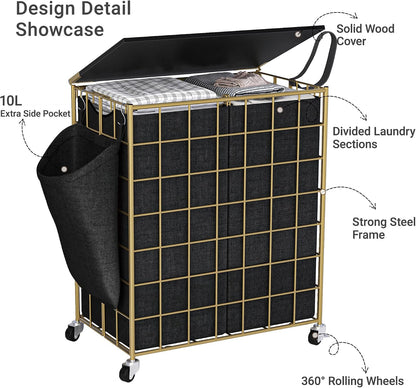 Laundry Basket with Wheels, Heavy Duty Laundry Sorter 2 Sections, 120L (32Gal.) Large Capacity Laundry Hamper with Wood Lid, 360 Rolling Wheels, Extra Side Pocket, Leather Pull Handle, Beige