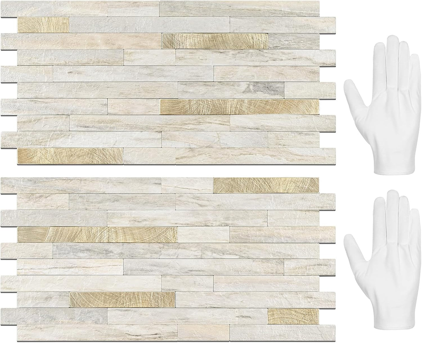 STICKGOO 20 Sheets Peel and Stick Backsplash Tile, Stick on Backsplash for Kitchen and Bathroom, White Sandstone Look PVC Mixed Metal Gold Self Adhesive Wall Tiles