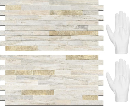 STICKGOO 20 Sheets Peel and Stick Backsplash Tile, Stick on Backsplash for Kitchen and Bathroom, White Sandstone Look PVC Mixed Metal Gold Self Adhesive Wall Tiles