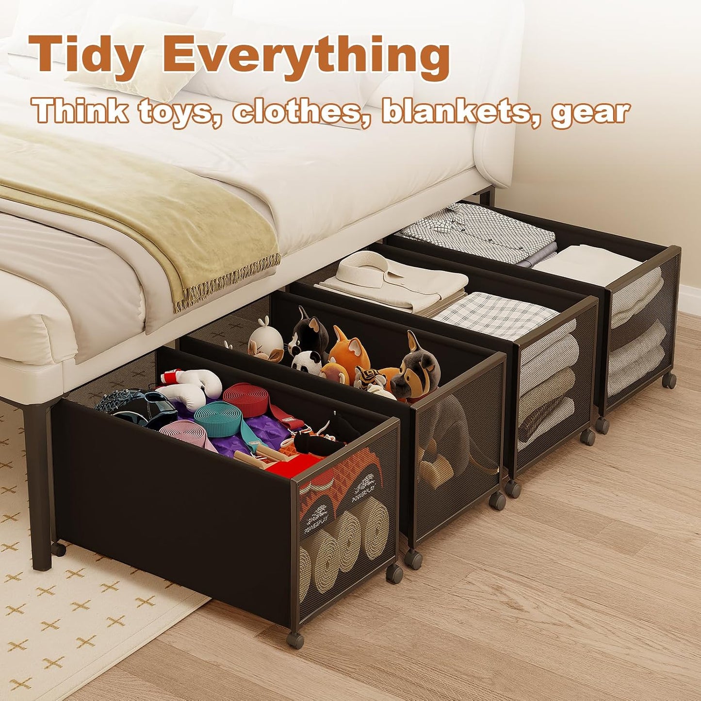 2 Pack Under the Bed Storage Containers,10 inch Height Under Bed Shoe Storage,31inch Long Underbed Storage with Wheels,Large Rolling under bed Clothes Storage Drawers with Lid for Dorm Tall ,Black