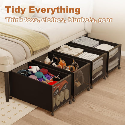 2 Pack Under the Bed Storage Containers,10 inch Height Under Bed Shoe Storage,31inch Long Underbed Storage with Wheels,Large Rolling under bed Clothes Storage Drawers with Lid for Dorm Tall ,Black