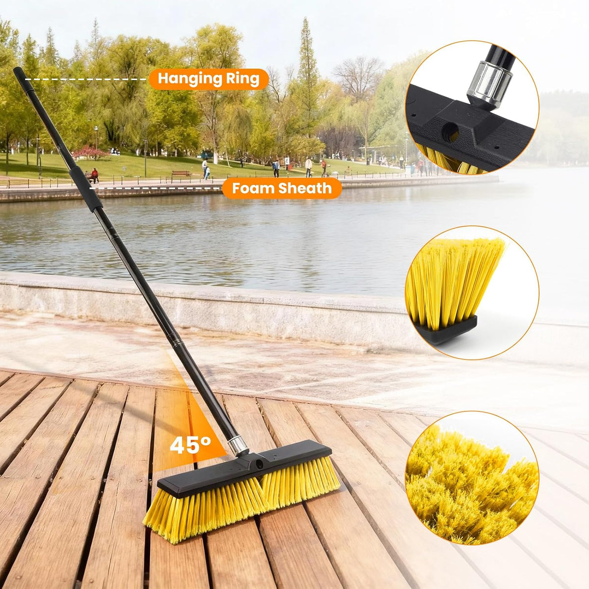 18" Push Broom Outdoor, Heavy Duty Broom with 62" Long Handle, Stiff Bristle Garage Broom for Patio Deck Driveway Concrete Floor Shop Warehouse Cleaning