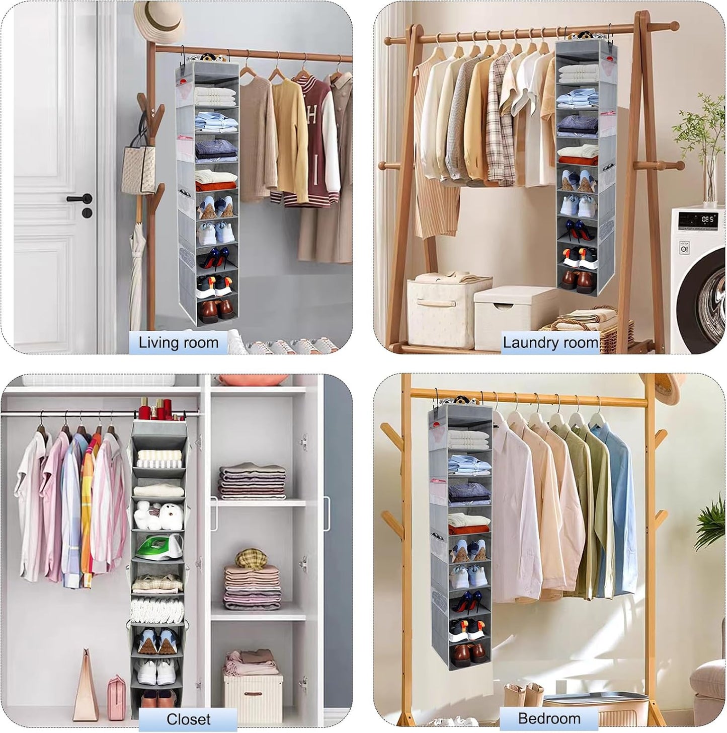 Large-Sized Hanging Shoe Organizer 10-Shelf, Sturdy Hanging Closet Organizer with 8 Side Pockets, Wider Hanging Shelves for Storage Shoes Clothes Jeans Shirts Toys, Black