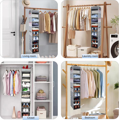 Large-Sized Hanging Shoe Organizer 10-Shelf, Sturdy Hanging Closet Organizer with 8 Side Pockets, Wider Hanging Shelves for Storage Shoes Clothes Jeans Shirts Toys, Black
