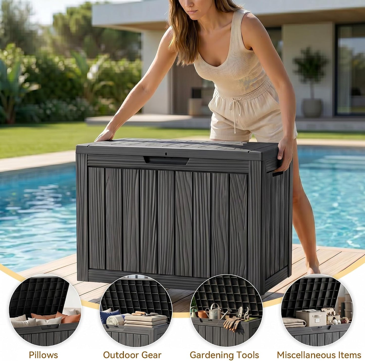 50 Gallon Outdoor & Indoor Deck Storage Box, Waterproof Lockable Patio Storage Container for Gardening Tools, Picnic Supplies, Easy to Assemble, Black