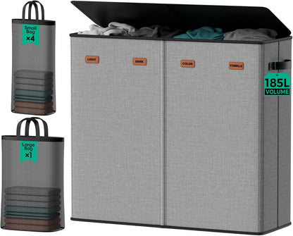 185L Laundry Hamper 3 Section with Lid & Removable Bags | Collapsible laundry basket organizer for laundry room, bedroom & dorm with 3 removable washing bags