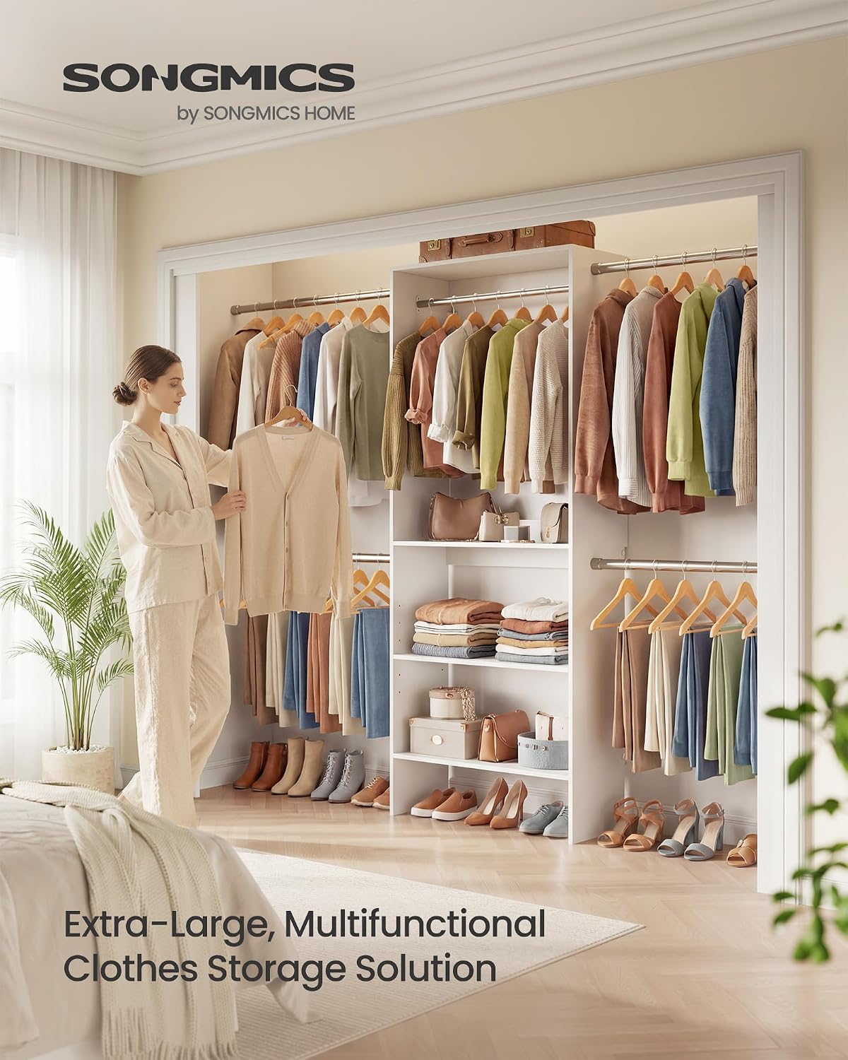 SONGMICS Closet System, Customizable Walk-In Closet Organizer System with Adjustable Hanging Rods and Storage Shelves, White, Fits Spaces 4-9.6 ft URGR040WZ01S