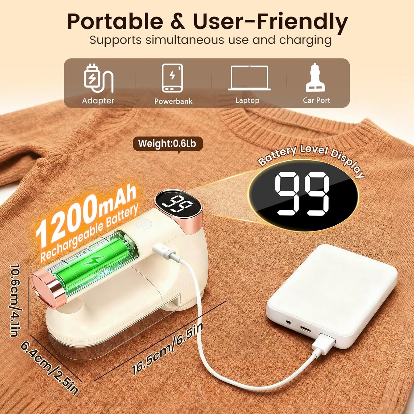 Fabric Shaver, Lint Shaver with Lint Brush, 3-Speed Sweater Shaver to Remove Pilling for Clothing, 6 Leaf Blade, LED Display, Electric Lint Remover for Furniture, Blanket, Couch (Beige)