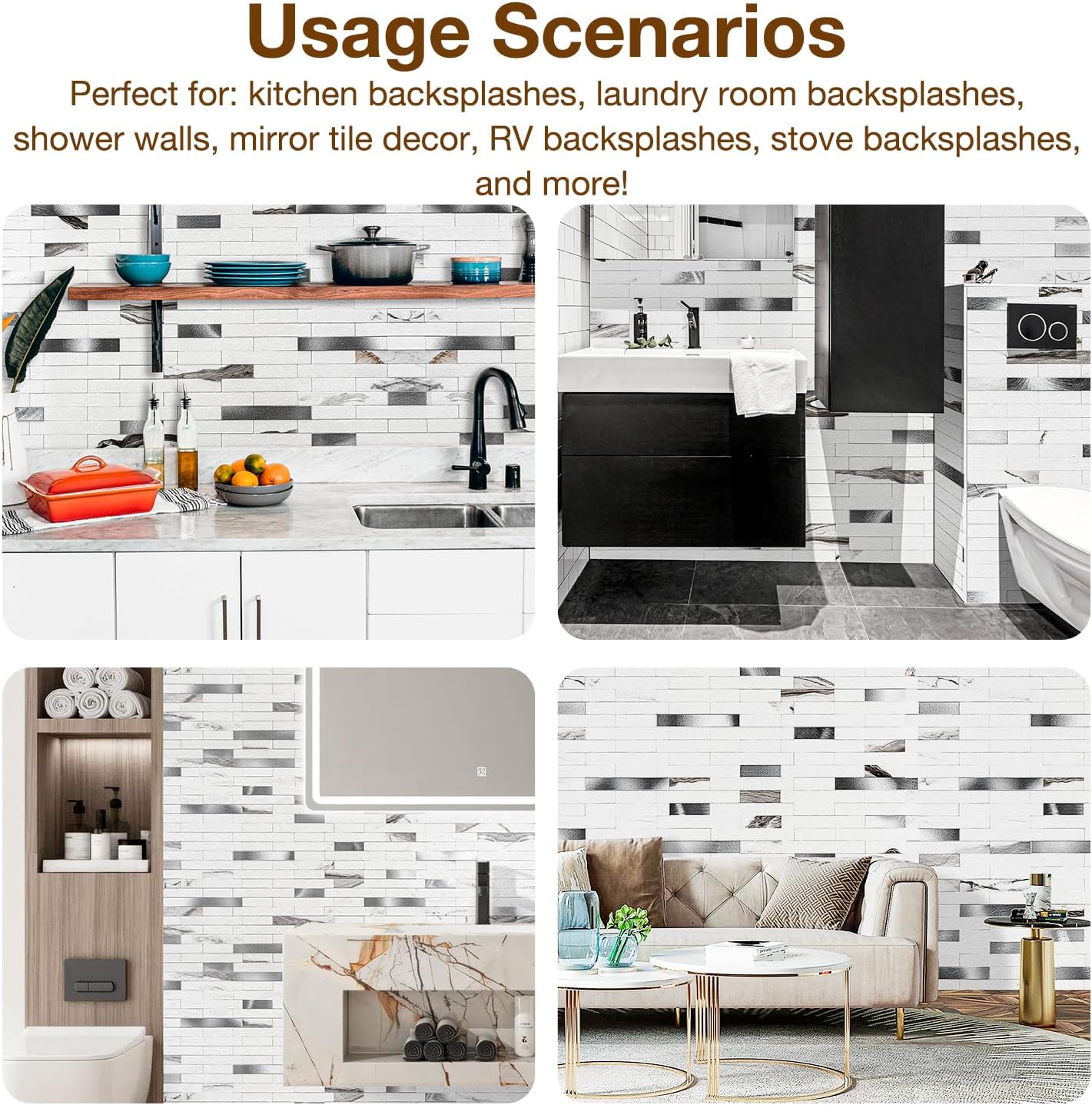Peel and Stick Backsplash Tile Waterproof Removable PVC Wall Sticker 3D Faux Stone Marble Brick White Accent Panels (White Marble - Metal Silver, 20 Tiles - 9 sq. ft. (0.84 M²))